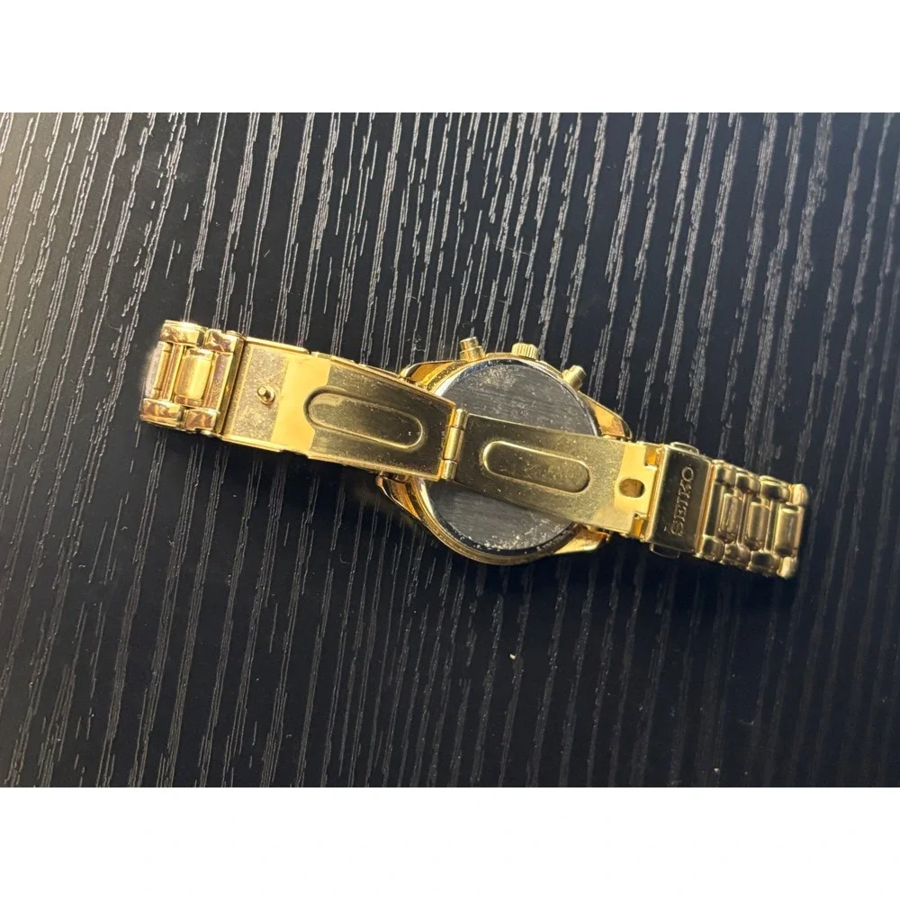Seiko Chronograph Gold Tone Crystal Bezel Watch 7T92-0MZ0 Womens Stainless Steel